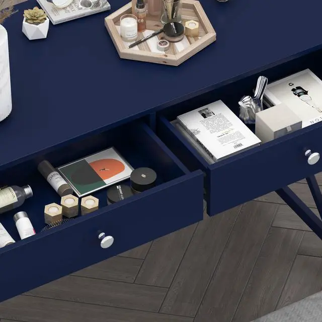 Alt view image 5 of 6 - Home Office Desk with Drawers, Modern Writing Computer Desk for Bedroom, Small Makeup Vanity Table Study Table for Home Office,Navy