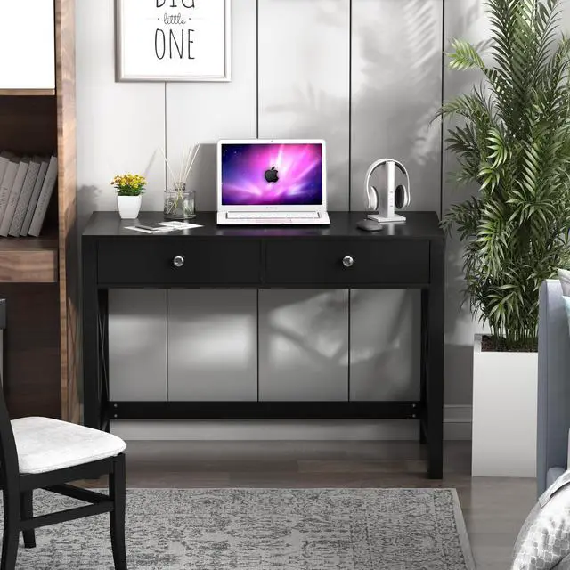 Alt view image 2 of 6 - Home Office Desk with Drawers, Modern Writing Computer Desk for Bedroom, Small Makeup Vanity Table Study Table for Home Office,Black