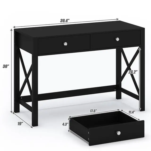 Alt view image 3 of 6 - Home Office Desk with Drawers, Modern Writing Computer Desk for Bedroom, Small Makeup Vanity Table Study Table for Home Office,Black