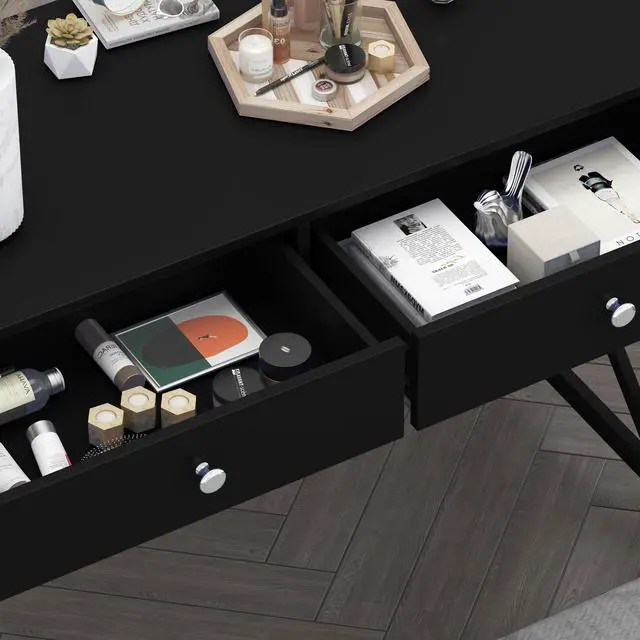 Alt view image 4 of 6 - Home Office Desk with Drawers, Modern Writing Computer Desk for Bedroom, Small Makeup Vanity Table Study Table for Home Office,Black
