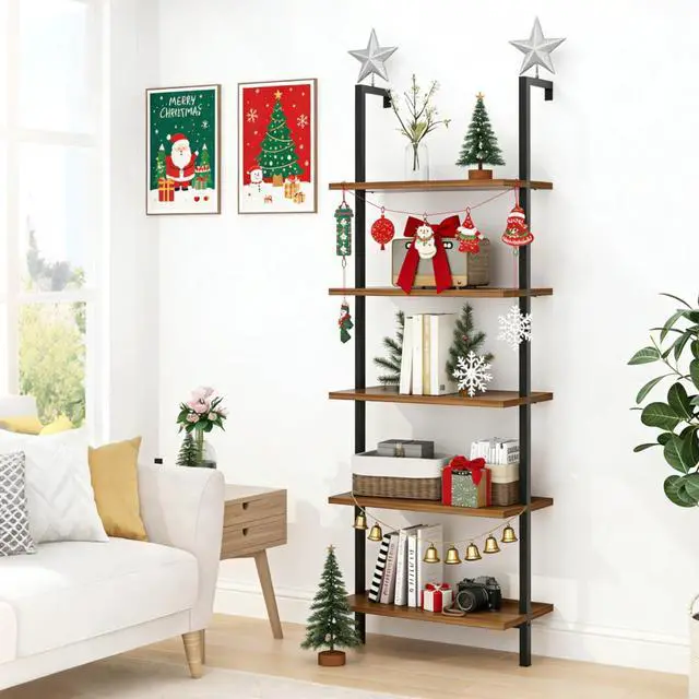 Main image of Rustic Brown 5 Tier Wall Mount Ladder Shelf, Metal Frame Bookcase | 23.62" L x 11.81" W x 70.87" H Storage Display Shelves for Living Room, Bedroom, Home, Office Decor