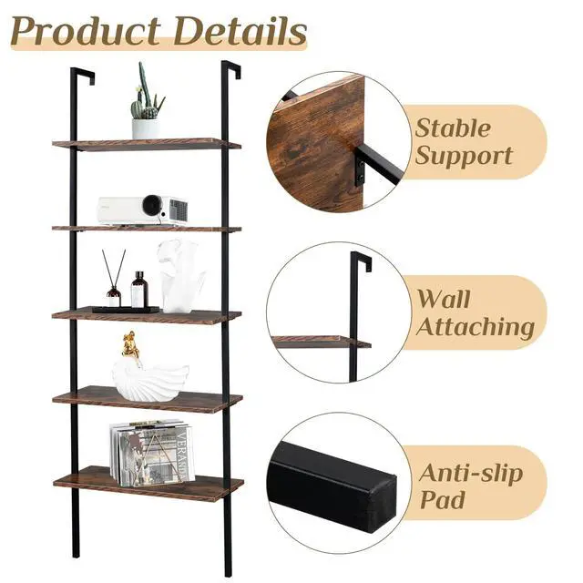 Alt view image 3 of 6 - Rustic Brown 5 Tier Wall Mount Ladder Shelf, Metal Frame Bookcase | 23.62" L x 11.81" W x 70.87" H Storage Display Shelves for Living Room, Bedroom, Home, Office Decor