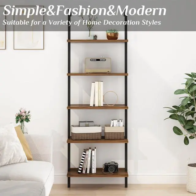 Alt view image 4 of 6 - Rustic Brown 5 Tier Wall Mount Ladder Shelf, Metal Frame Bookcase | 23.62" L x 11.81" W x 70.87" H Storage Display Shelves for Living Room, Bedroom, Home, Office Decor