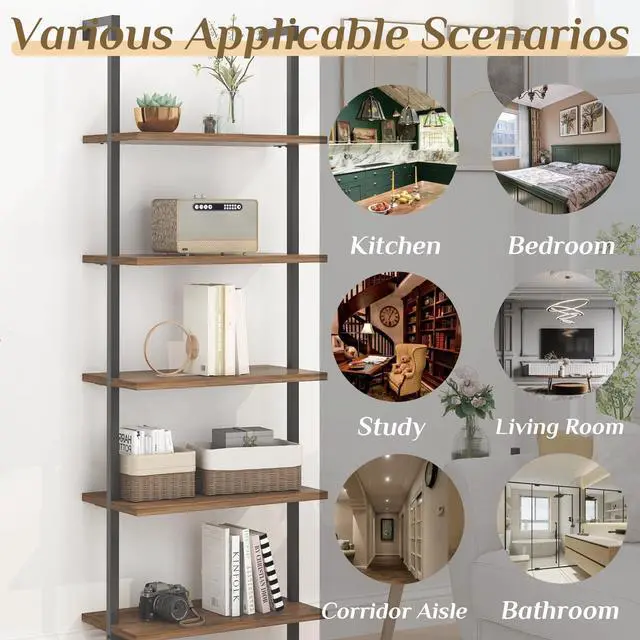 Alt view image 5 of 6 - Rustic Brown 5 Tier Wall Mount Ladder Shelf, Metal Frame Bookcase | 23.62" L x 11.81" W x 70.87" H Storage Display Shelves for Living Room, Bedroom, Home, Office Decor