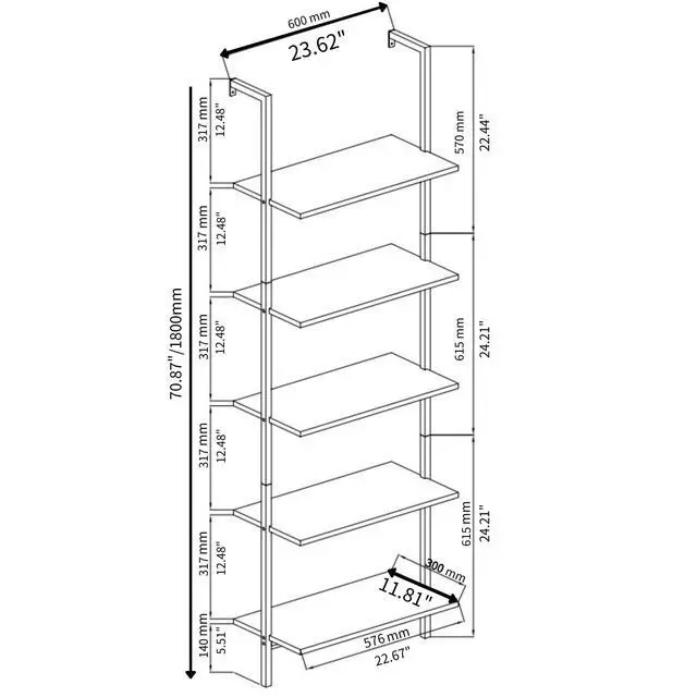 Alt view image 2 of 6 - Gray 5 Tier Wall Mount Ladder Shelf, Metal Frame Bookcase | 23.62" L x 11.81" W x 70.87" H Storage Display Shelves for Living Room, Bedroom, Home, Office Decor