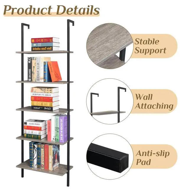 Alt view image 3 of 6 - Gray 5 Tier Wall Mount Ladder Shelf, Metal Frame Bookcase | 23.62" L x 11.81" W x 70.87" H Storage Display Shelves for Living Room, Bedroom, Home, Office Decor