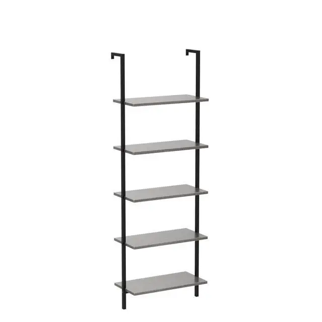 Alt view image 4 of 6 - Gray 5 Tier Wall Mount Ladder Shelf, Metal Frame Bookcase | 23.62" L x 11.81" W x 70.87" H Storage Display Shelves for Living Room, Bedroom, Home, Office Decor