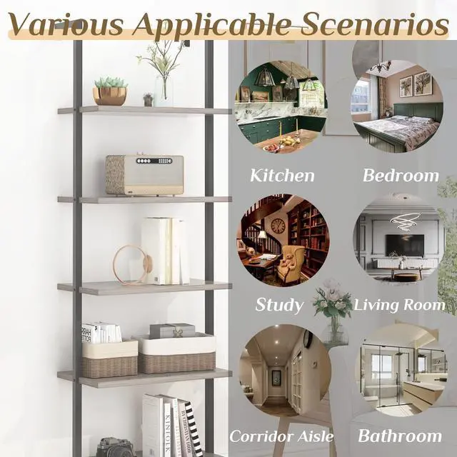 Alt view image 5 of 6 - Gray 5 Tier Wall Mount Ladder Shelf, Metal Frame Bookcase | 23.62" L x 11.81" W x 70.87" H Storage Display Shelves for Living Room, Bedroom, Home, Office Decor