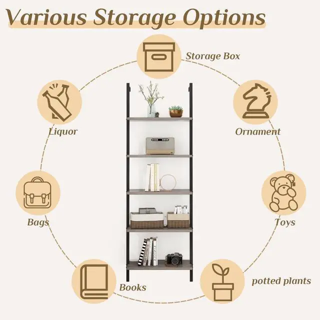 Alt view image 6 of 6 - Gray 5 Tier Wall Mount Ladder Shelf, Metal Frame Bookcase | 23.62" L x 11.81" W x 70.87" H Storage Display Shelves for Living Room, Bedroom, Home, Office Decor
