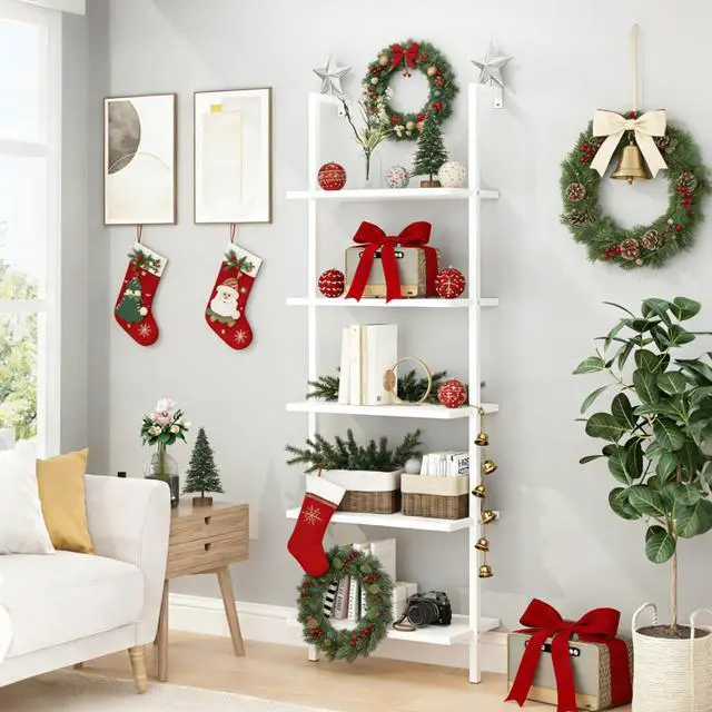 Main image of White 5 Tier Wall Mount Ladder Shelf, Metal Frame Bookcase | 23.62" L x 11.81" W x 70.87" H Storage Display Shelves for Living Room, Bedroom, Home, Office Decor