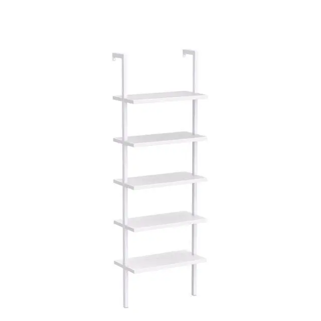 Alt view image 4 of 6 - White 5 Tier Wall Mount Ladder Shelf, Metal Frame Bookcase | 23.62" L x 11.81" W x 70.87" H Storage Display Shelves for Living Room, Bedroom, Home, Office Decor
