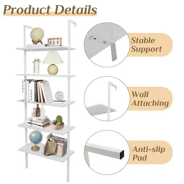 Alt view image 6 of 6 - White 5 Tier Wall Mount Ladder Shelf, Metal Frame Bookcase | 23.62" L x 11.81" W x 70.87" H Storage Display Shelves for Living Room, Bedroom, Home, Office Decor