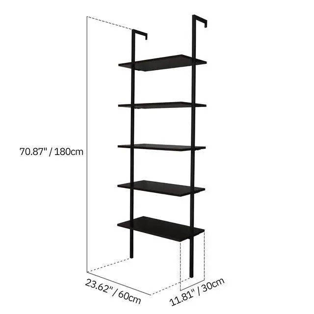 Alt view image 2 of 6 - Dark Walnut 5 Tier Wall Mount Ladder Shelf, Metal Frame Bookcase | 23.62" L x 11.81" W x 70.87" H Storage Display Shelves for Living Room, Bedroom, Home, Office Decor