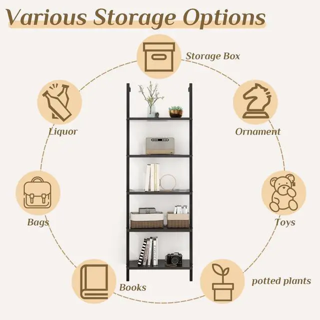 Alt view image 4 of 6 - Dark Walnut 5 Tier Wall Mount Ladder Shelf, Metal Frame Bookcase | 23.62" L x 11.81" W x 70.87" H Storage Display Shelves for Living Room, Bedroom, Home, Office Decor