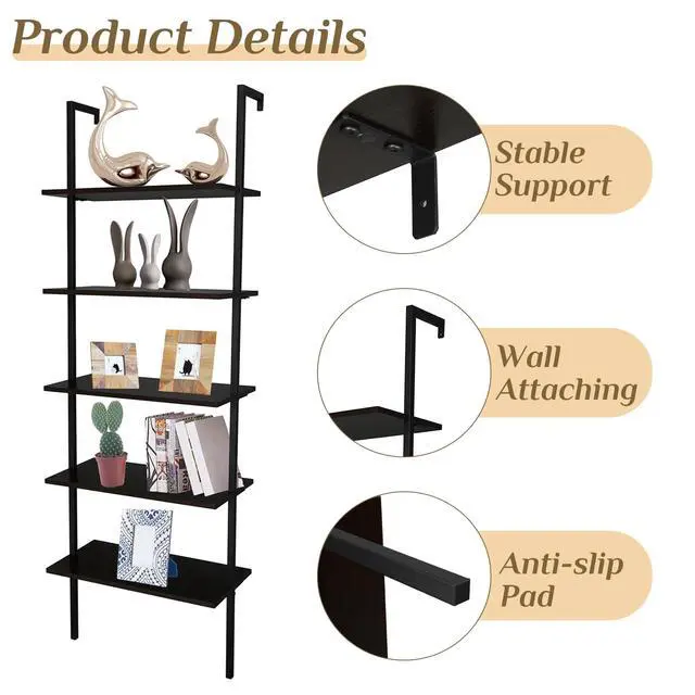 Alt view image 5 of 6 - Dark Walnut 5 Tier Wall Mount Ladder Shelf, Metal Frame Bookcase | 23.62" L x 11.81" W x 70.87" H Storage Display Shelves for Living Room, Bedroom, Home, Office Decor
