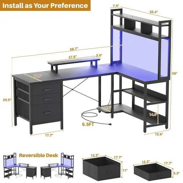 Alt view image 2 of 6 - L Shaped Desk with Hutch, Gaming Desk with Led Lights, Reversible Computer Desk with Power Outlet, Corner Desk with File Drawer & Monitor Stand, Storage Shelves for Home Office, Black