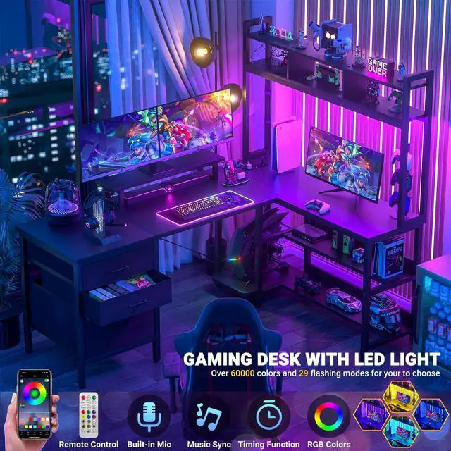Alt view image 3 of 6 - L Shaped Desk with Hutch, Gaming Desk with Led Lights, Reversible Computer Desk with Power Outlet, Corner Desk with File Drawer & Monitor Stand, Storage Shelves for Home Office, Black