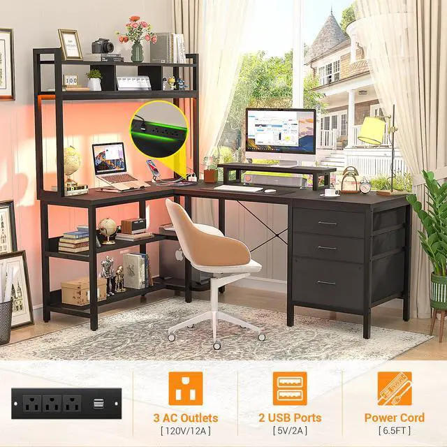 Alt view image 4 of 6 - L Shaped Desk with Hutch, Gaming Desk with Led Lights, Reversible Computer Desk with Power Outlet, Corner Desk with File Drawer & Monitor Stand, Storage Shelves for Home Office, Black
