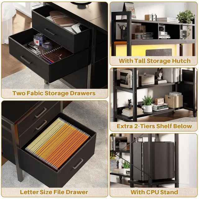 Alt view image 5 of 6 - L Shaped Desk with Hutch, Gaming Desk with Led Lights, Reversible Computer Desk with Power Outlet, Corner Desk with File Drawer & Monitor Stand, Storage Shelves for Home Office, Black