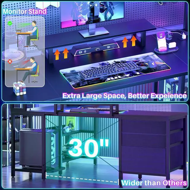 Alt view image 6 of 6 - L Shaped Desk with Hutch, Gaming Desk with Led Lights, Reversible Computer Desk with Power Outlet, Corner Desk with File Drawer & Monitor Stand, Storage Shelves for Home Office, Black