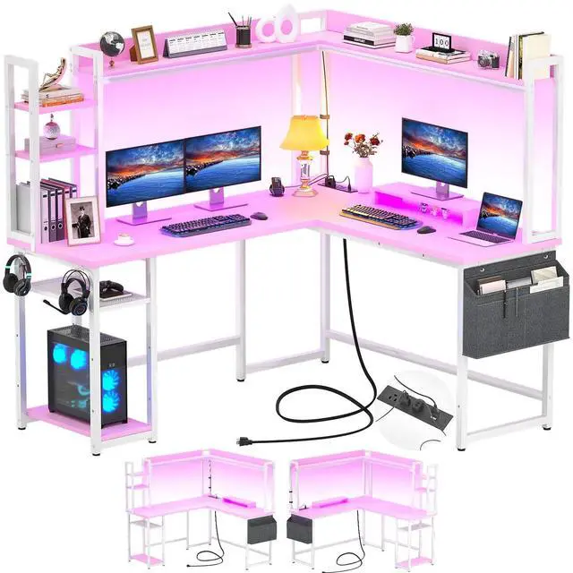 Main image of L Shaped Desk with Power Outlet, L Shaped Gaming Desk with Led Light & Hutch, Reversible Home Office Desk, Corner Computer Desk with Monitor Stand & Storage Shelves, Pink