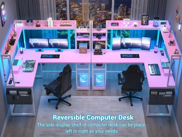 Alt view image 2 of 6 - L Shaped Desk with Power Outlet, L Shaped Gaming Desk with Led Light & Hutch, Reversible Home Office Desk, Corner Computer Desk with Monitor Stand & Storage Shelves, Pink