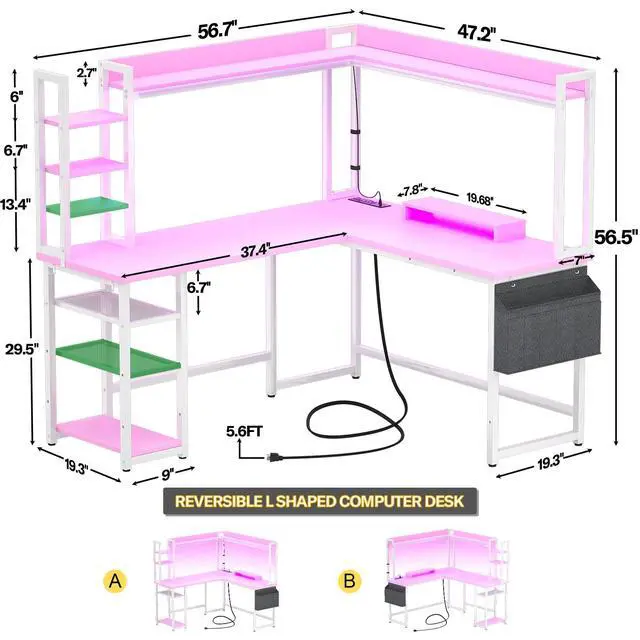 Alt view image 3 of 6 - L Shaped Desk with Power Outlet, L Shaped Gaming Desk with Led Light & Hutch, Reversible Home Office Desk, Corner Computer Desk with Monitor Stand & Storage Shelves, Pink