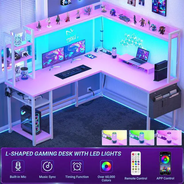 Alt view image 4 of 6 - L Shaped Desk with Power Outlet, L Shaped Gaming Desk with Led Light & Hutch, Reversible Home Office Desk, Corner Computer Desk with Monitor Stand & Storage Shelves, Pink