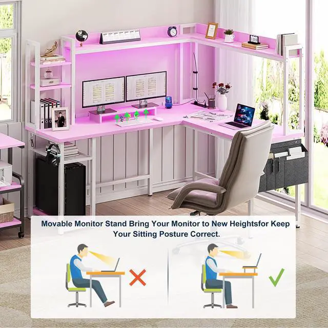 Alt view image 6 of 6 - L Shaped Desk with Power Outlet, L Shaped Gaming Desk with Led Light & Hutch, Reversible Home Office Desk, Corner Computer Desk with Monitor Stand & Storage Shelves, Pink