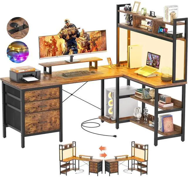 Main image of L Shaped Desk with Hutch, Gaming Desk with Led Lights, Reversible Computer Desk with Power Outlet, Corner Desk with File Drawer & Monitor Stand, Storage Shelves for Home, F1, Rustic Brown