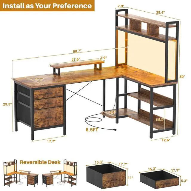 Alt view image 2 of 6 - L Shaped Desk with Hutch, Gaming Desk with Led Lights, Reversible Computer Desk with Power Outlet, Corner Desk with File Drawer & Monitor Stand, Storage Shelves for Home, F1, Rustic Brown