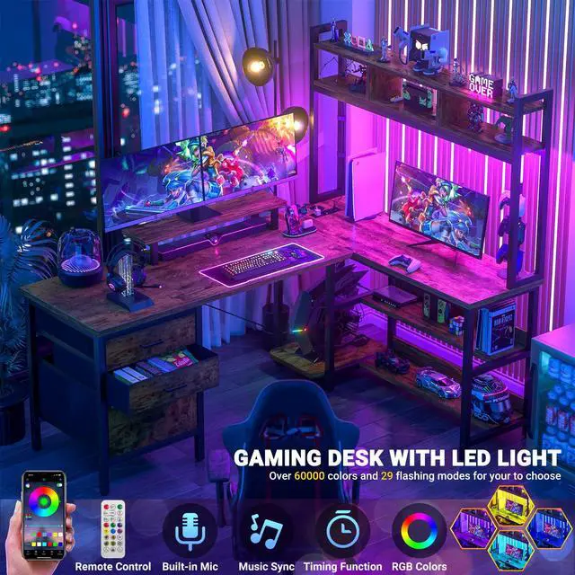Alt view image 3 of 6 - L Shaped Desk with Hutch, Gaming Desk with Led Lights, Reversible Computer Desk with Power Outlet, Corner Desk with File Drawer & Monitor Stand, Storage Shelves for Home, F1, Rustic Brown