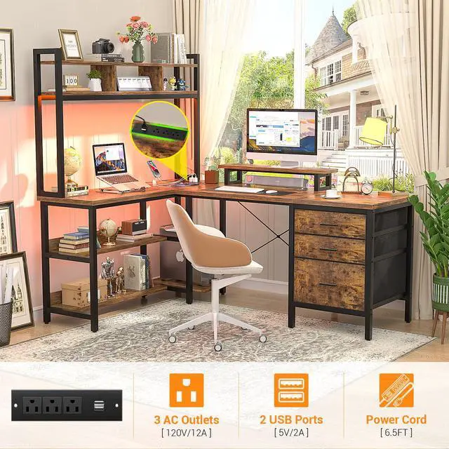 Alt view image 4 of 6 - L Shaped Desk with Hutch, Gaming Desk with Led Lights, Reversible Computer Desk with Power Outlet, Corner Desk with File Drawer & Monitor Stand, Storage Shelves for Home, F1, Rustic Brown