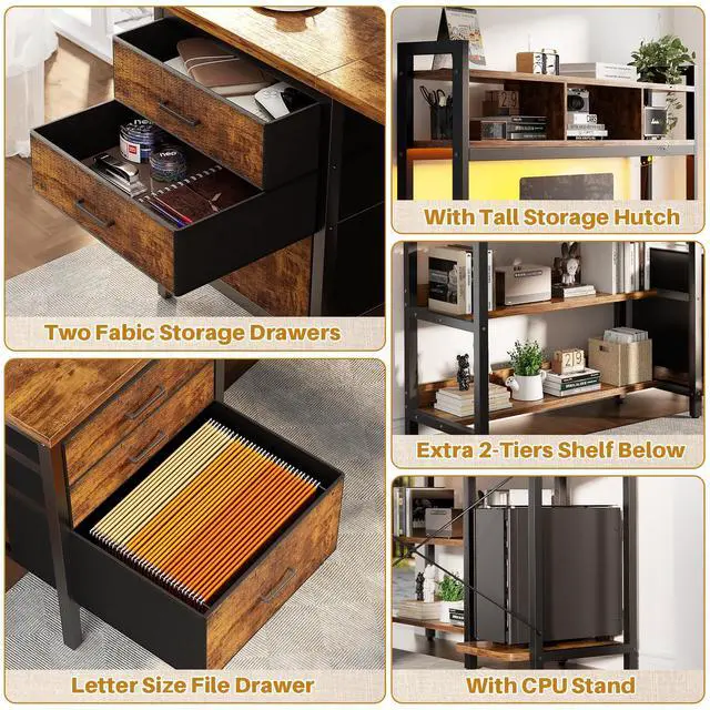 Alt view image 5 of 6 - L Shaped Desk with Hutch, Gaming Desk with Led Lights, Reversible Computer Desk with Power Outlet, Corner Desk with File Drawer & Monitor Stand, Storage Shelves for Home, F1, Rustic Brown