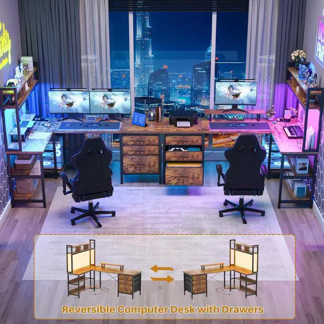 Alt view image 6 of 6 - L Shaped Desk with Hutch, Gaming Desk with Led Lights, Reversible Computer Desk with Power Outlet, Corner Desk with File Drawer & Monitor Stand, Storage Shelves for Home, F1, Rustic Brown