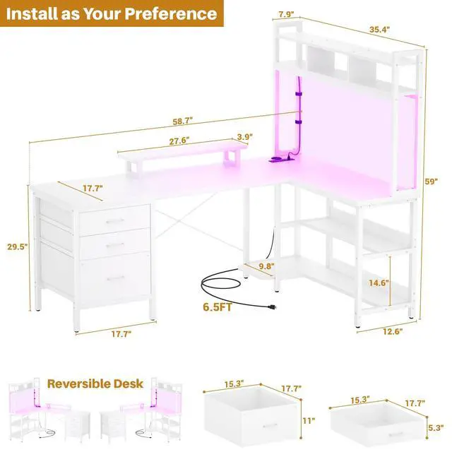 Alt view image 2 of 6 - L Shaped Gaming Desk with Hutch, Gaming Desk with Led Lights, Reversible Computer Desk with Power Outlet, Corner Desk with File Drawer & Monitor Stand, Storage Shelves for Home Office, White