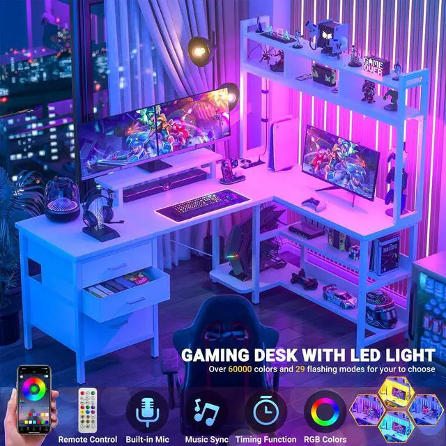 Alt view image 3 of 6 - L Shaped Gaming Desk with Hutch, Gaming Desk with Led Lights, Reversible Computer Desk with Power Outlet, Corner Desk with File Drawer & Monitor Stand, Storage Shelves for Home Office, White