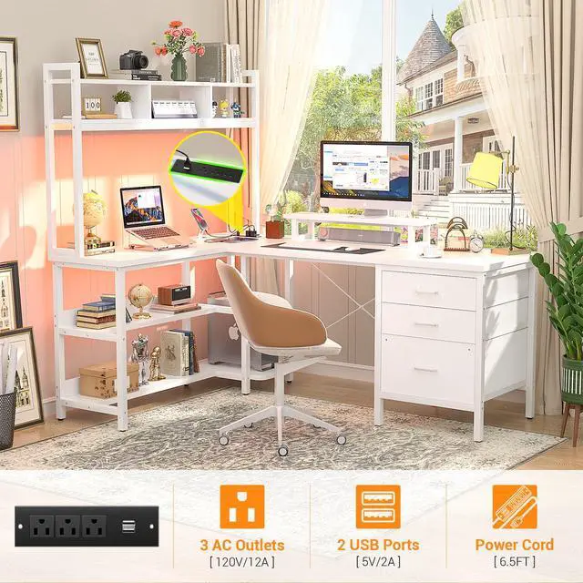 Alt view image 4 of 6 - L Shaped Gaming Desk with Hutch, Gaming Desk with Led Lights, Reversible Computer Desk with Power Outlet, Corner Desk with File Drawer & Monitor Stand, Storage Shelves for Home Office, White