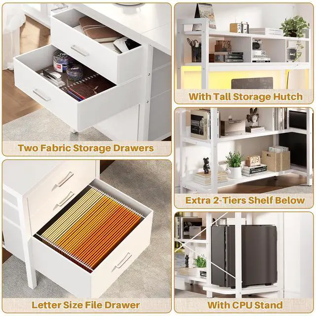 Alt view image 5 of 6 - L Shaped Gaming Desk with Hutch, Gaming Desk with Led Lights, Reversible Computer Desk with Power Outlet, Corner Desk with File Drawer & Monitor Stand, Storage Shelves for Home Office, White