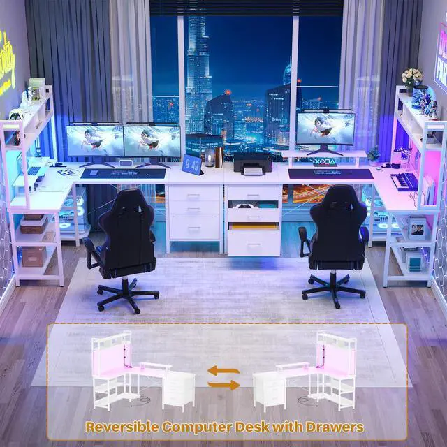Alt view image 6 of 6 - L Shaped Gaming Desk with Hutch, Gaming Desk with Led Lights, Reversible Computer Desk with Power Outlet, Corner Desk with File Drawer & Monitor Stand, Storage Shelves for Home Office, White