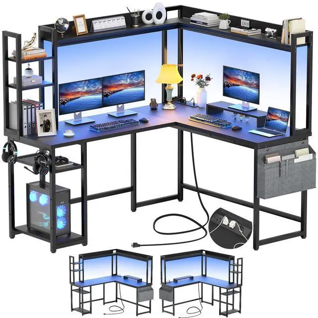 Main image of L Shaped Desk with Power Outlet, L Shaped Gaming Desk with Led Light & Hutch, Reversible Home Office Desk, Corner Computer Desk Writing Desk with Monitor Stand & Storage Shelves, Black