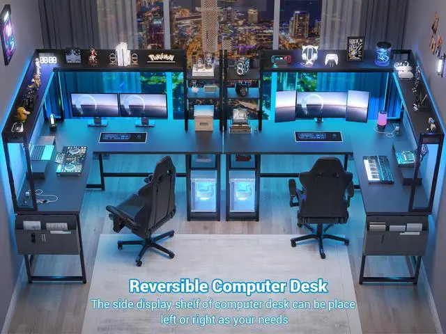 Alt view image 2 of 6 - L Shaped Desk with Power Outlet, L Shaped Gaming Desk with Led Light & Hutch, Reversible Home Office Desk, Corner Computer Desk Writing Desk with Monitor Stand & Storage Shelves, Black