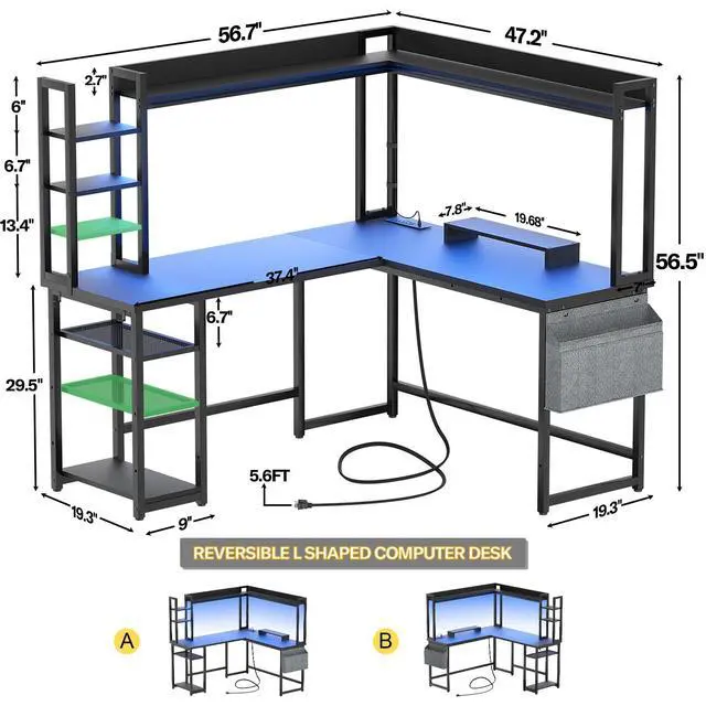 Alt view image 3 of 6 - L Shaped Desk with Power Outlet, L Shaped Gaming Desk with Led Light & Hutch, Reversible Home Office Desk, Corner Computer Desk Writing Desk with Monitor Stand & Storage Shelves, Black