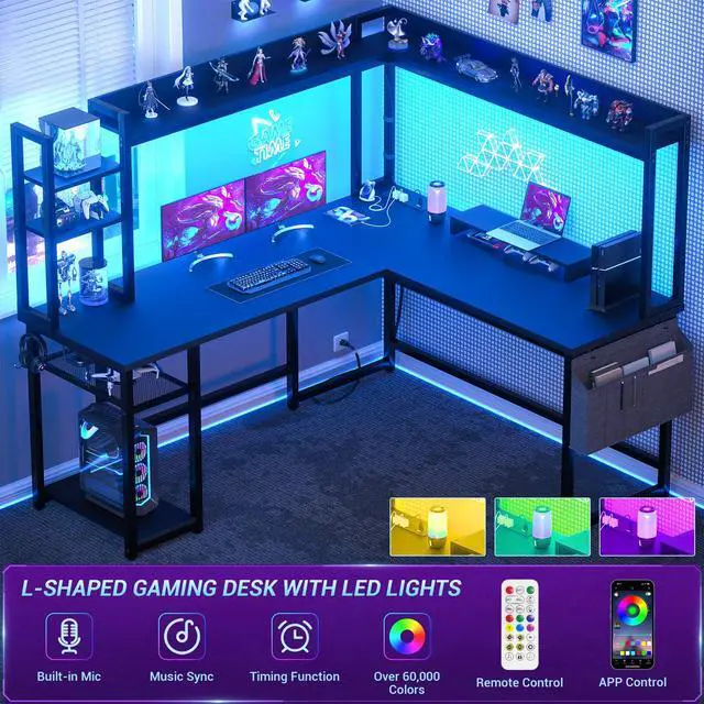 Alt view image 4 of 6 - L Shaped Desk with Power Outlet, L Shaped Gaming Desk with Led Light & Hutch, Reversible Home Office Desk, Corner Computer Desk Writing Desk with Monitor Stand & Storage Shelves, Black