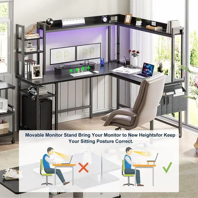 Alt view image 6 of 6 - L Shaped Desk with Power Outlet, L Shaped Gaming Desk with Led Light & Hutch, Reversible Home Office Desk, Corner Computer Desk Writing Desk with Monitor Stand & Storage Shelves, Black