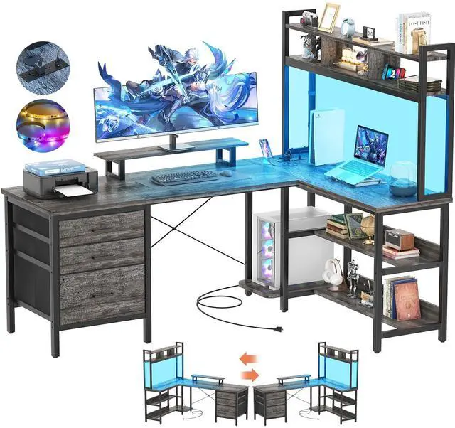 Main image of L Shaped Desk with Hutch, Gaming Desk with Led Lights, Reversible Computer Desk with Power Outlet, Corner Desk with File Drawer & Monitor Stand, Storage Shelves for Home Office, Black Oak