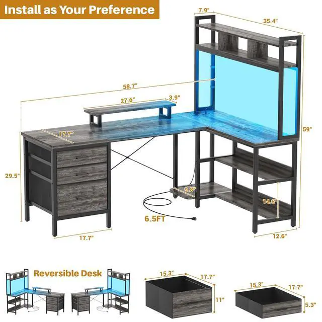 Alt view image 2 of 6 - L Shaped Desk with Hutch, Gaming Desk with Led Lights, Reversible Computer Desk with Power Outlet, Corner Desk with File Drawer & Monitor Stand, Storage Shelves for Home Office, Black Oak