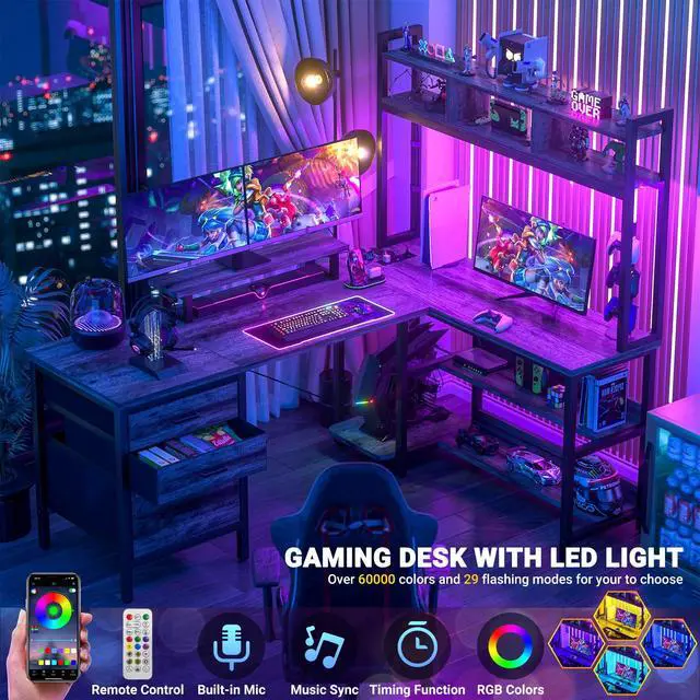 Alt view image 3 of 6 - L Shaped Desk with Hutch, Gaming Desk with Led Lights, Reversible Computer Desk with Power Outlet, Corner Desk with File Drawer & Monitor Stand, Storage Shelves for Home Office, Black Oak
