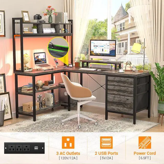 Alt view image 4 of 6 - L Shaped Desk with Hutch, Gaming Desk with Led Lights, Reversible Computer Desk with Power Outlet, Corner Desk with File Drawer & Monitor Stand, Storage Shelves for Home Office, Black Oak