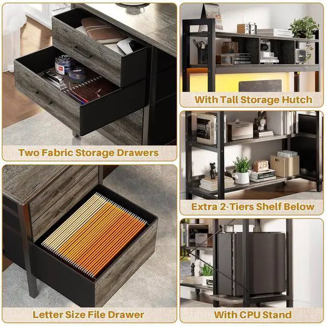 Alt view image 5 of 6 - L Shaped Desk with Hutch, Gaming Desk with Led Lights, Reversible Computer Desk with Power Outlet, Corner Desk with File Drawer & Monitor Stand, Storage Shelves for Home Office, Black Oak